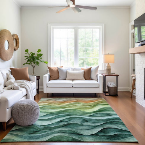 8' Teal Peach And Lime Green Abstract Washable Area Rug With UV Protection