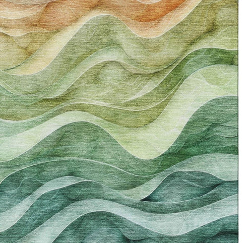 8' Teal Peach And Lime Green Abstract Washable Area Rug With UV Protection
