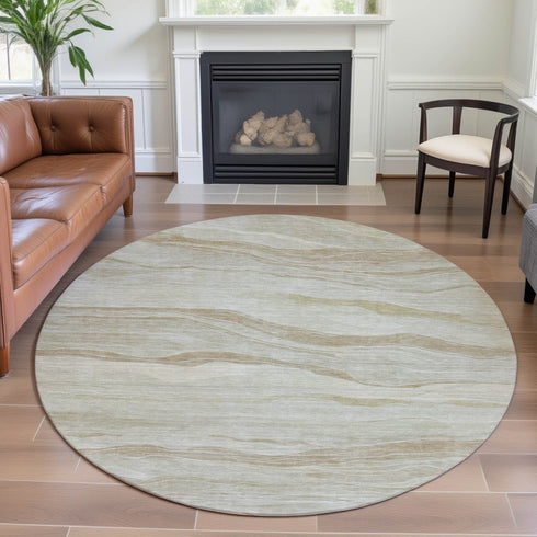 8' X 8' Beige And Ivory Striped Washable Round Rug With UV Protection