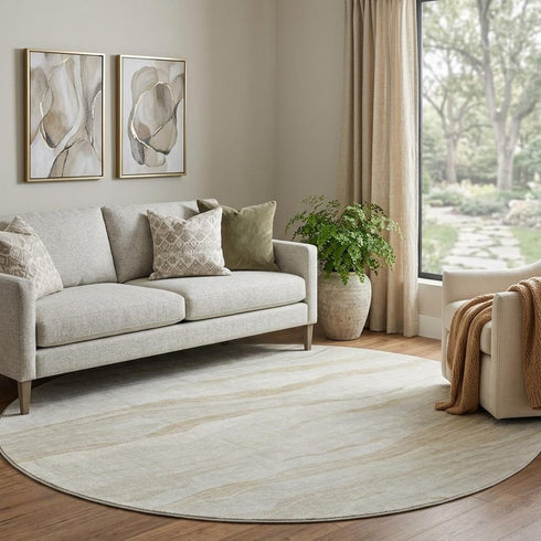 8' X 8' Beige And Ivory Striped Washable Round Rug With UV Protection