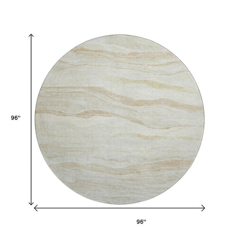 8' X 8' Beige And Ivory Striped Washable Round Rug With UV Protection