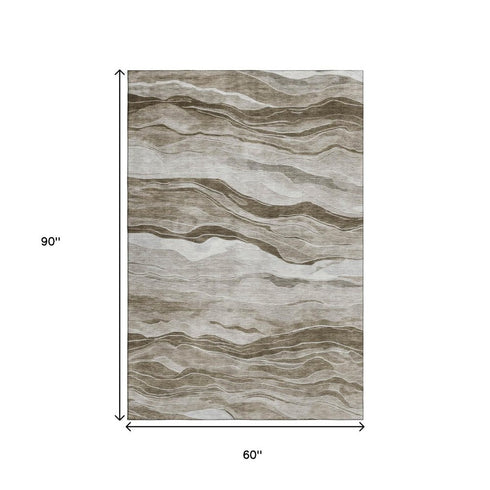 5' X 8' Brown And Beige Striped Washable Area Rug With UV Protection