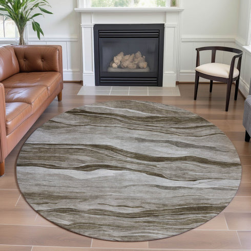 8' X 8' Brown And Beige Striped Washable Round Rug With UV Protection