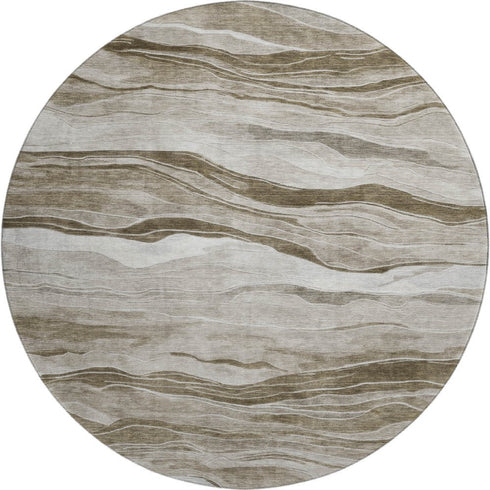 8' X 8' Brown And Beige Striped Washable Round Rug With UV Protection
