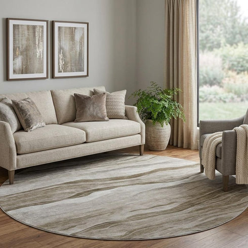 8' X 8' Brown And Beige Striped Washable Round Rug With UV Protection