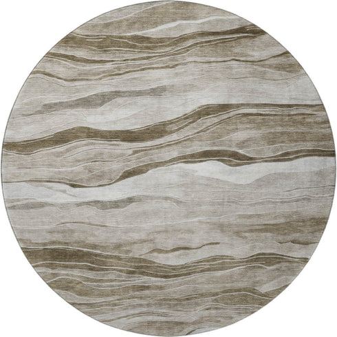 8' X 8' Brown And Beige Striped Washable Round Rug With UV Protection