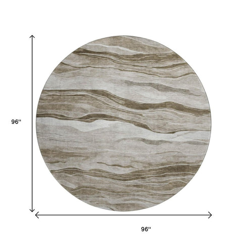 8' X 8' Brown And Beige Striped Washable Round Rug With UV Protection