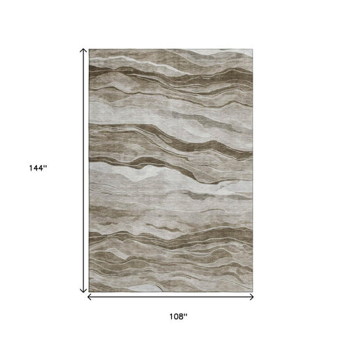 9' X 12' Brown And Beige Striped Washable Area Rug With UV Protection