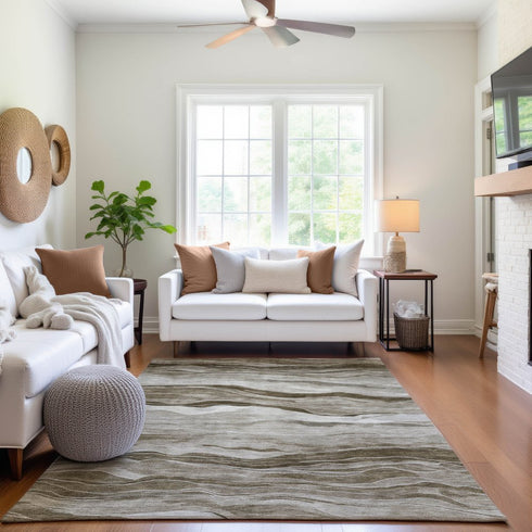 9' X 12' Brown And Beige Striped Washable Area Rug With UV Protection
