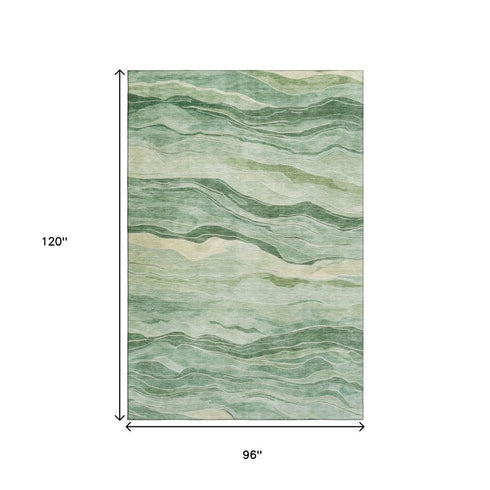 8' Green And Beige Striped Washable Area Rug With UV Protection