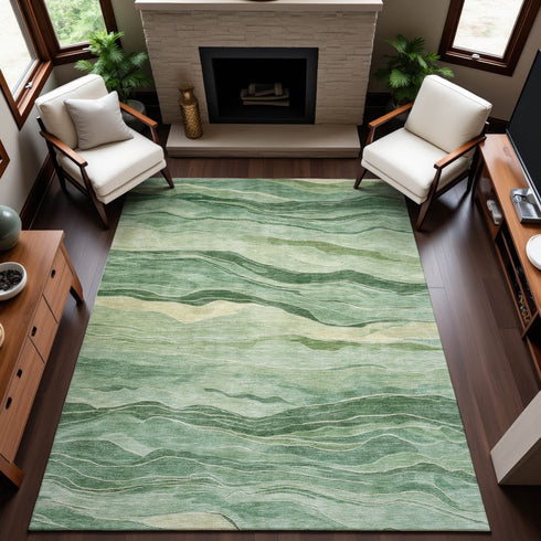 8' Green And Beige Striped Washable Area Rug With UV Protection