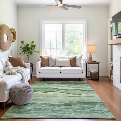 8' Green And Beige Striped Washable Area Rug With UV Protection