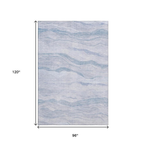 8' Sky Blue And Ivory Striped Washable Area Rug With UV Protection