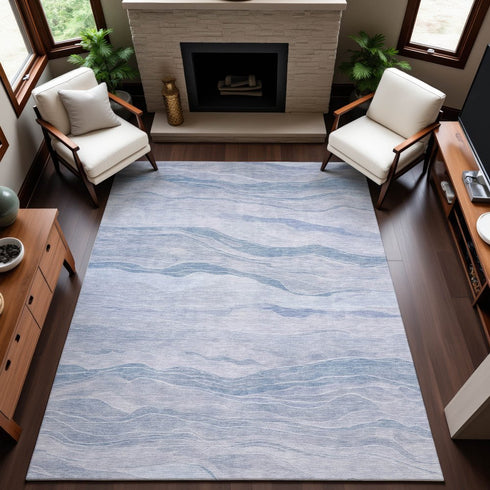 8' Sky Blue And Ivory Striped Washable Area Rug With UV Protection