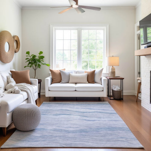 8' Sky Blue And Ivory Striped Washable Area Rug With UV Protection