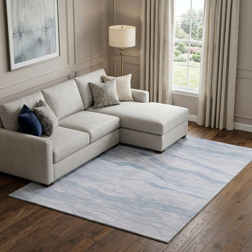8' Sky Blue And Ivory Striped Washable Area Rug With UV Protection