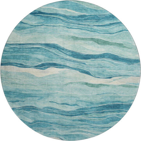 8' X 8' Turquoise And Ivory Striped Washable Round Rug With UV Protection