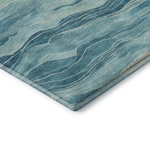 8' X 8' Turquoise And Ivory Striped Washable Round Rug With UV Protection