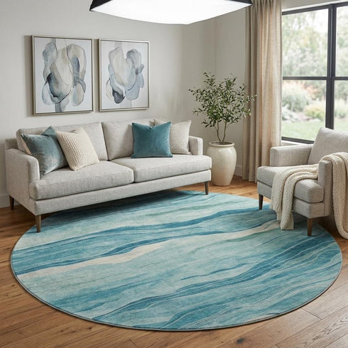 8' X 8' Turquoise And Ivory Striped Washable Round Rug With UV Protection