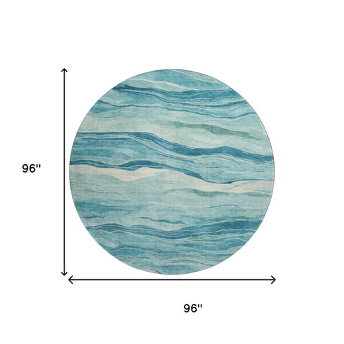 8' X 8' Turquoise And Ivory Striped Washable Round Rug With UV Protection