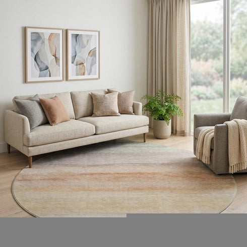 8' X 8' Coral Ivory And Gray Striped Washable Round Rug With UV Protection