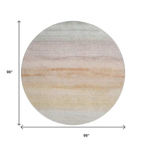 8' X 8' Coral Ivory And Gray Striped Washable Round Rug With UV Protection