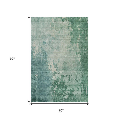 5' X 8' Emerald And Denim Blue Abstract Washable Area Rug With UV Protection