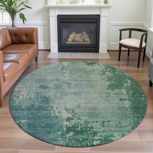 8' X 8' Emerald And Denim Blue Abstract Washable Round Rug With UV Protection
