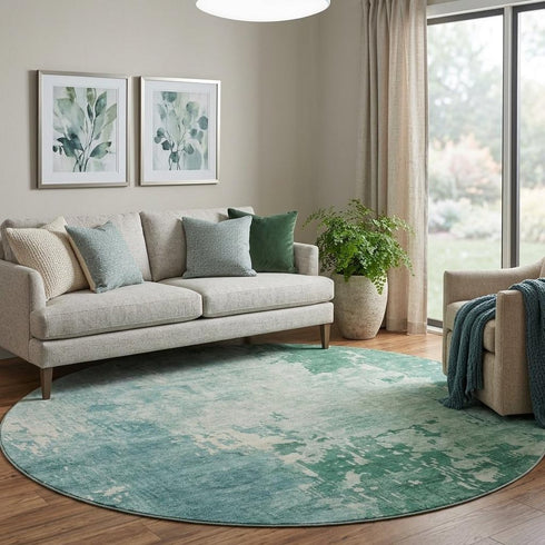 8' X 8' Emerald And Denim Blue Abstract Washable Round Rug With UV Protection
