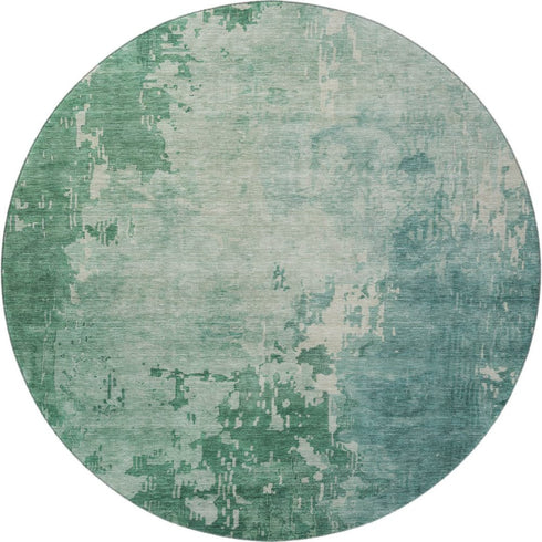 8' X 8' Emerald And Denim Blue Abstract Washable Round Rug With UV Protection
