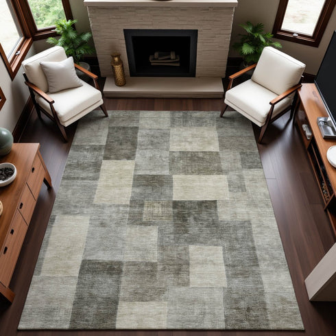 8' Taupe Ivory And Khaki Geometric Washable Area Rug With UV Protection
