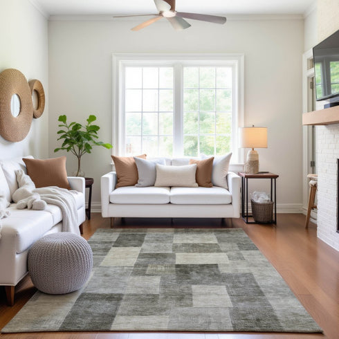 8' Taupe Ivory And Khaki Geometric Washable Area Rug With UV Protection