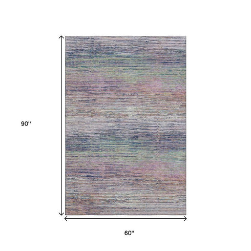 5' X 8' Blush Blue And Ivory Striped Washable Area Rug With UV Protection