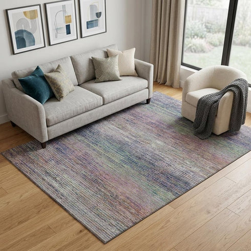 5' X 8' Blush Blue And Ivory Striped Washable Area Rug With UV Protection