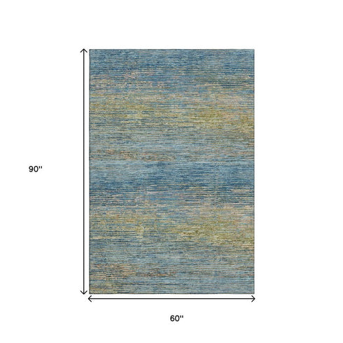 5' X 8' Denim Blue And Olive Green Striped Washable Area Rug With UV Protection