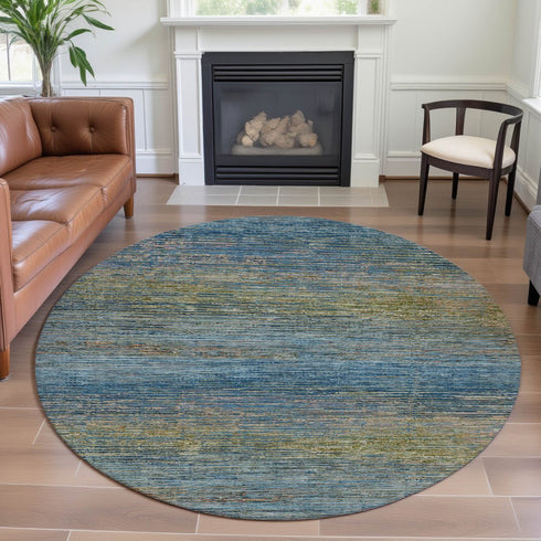 8' X 8' Denim Blue And Olive Green Striped Washable Round Rug With UV Protection