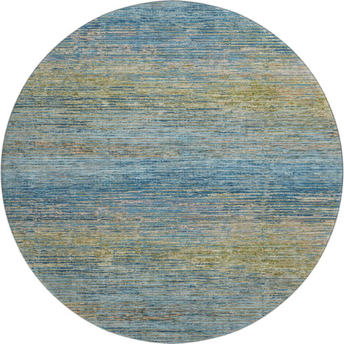 8' X 8' Denim Blue And Olive Green Striped Washable Round Rug With UV Protection