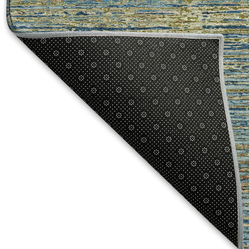 8' X 8' Denim Blue And Olive Green Striped Washable Round Rug With UV Protection