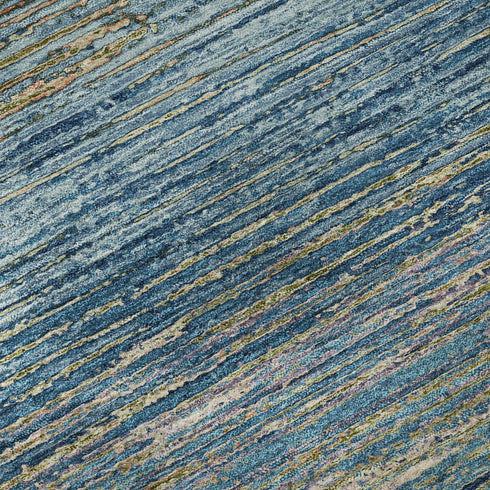 8' X 8' Denim Blue And Olive Green Striped Washable Round Rug With UV Protection