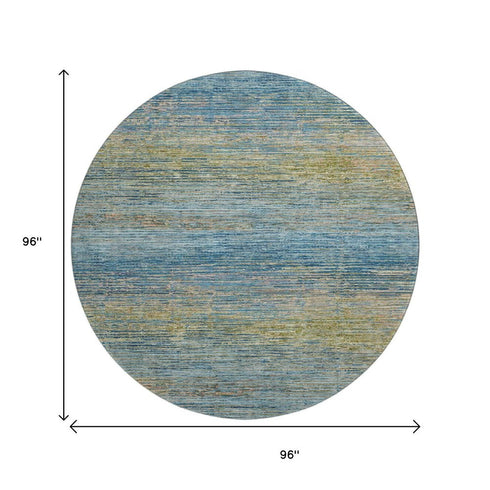 8' X 8' Denim Blue And Olive Green Striped Washable Round Rug With UV Protection