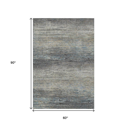 5' X 8' Granite Gray And Silver Striped Washable Area Rug With UV Protection