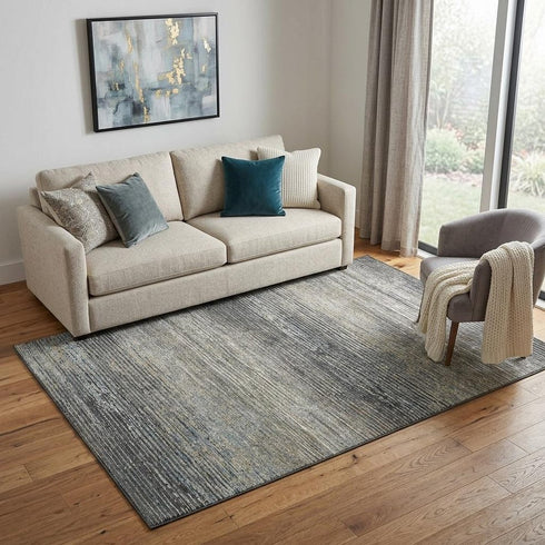 5' X 8' Granite Gray And Silver Striped Washable Area Rug With UV Protection