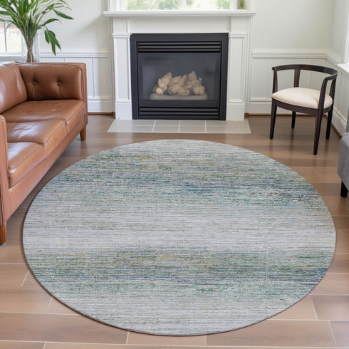 8' X 8' Linen And Ivory Striped Washable Round Rug With UV Protection