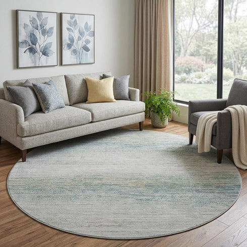 8' X 8' Linen And Ivory Striped Washable Round Rug With UV Protection