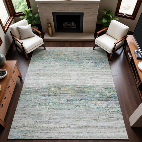 9' X 12' Linen And Ivory Striped Washable Area Rug With UV Protection