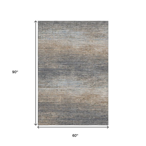 5' X 8' Pewter Gray And Beige Striped Washable Area Rug With UV Protection