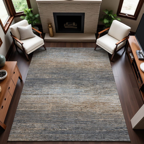 8' Pewter Gray And Beige Striped Washable Area Rug With UV Protection