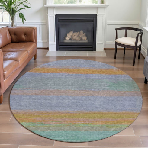 8' X 8' Lavender Orange And Teal Striped Washable Round Rug With UV Protection