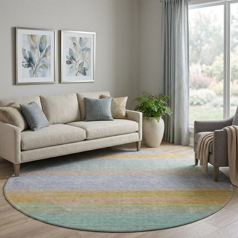 8' X 8' Lavender Orange And Teal Striped Washable Round Rug With UV Protection