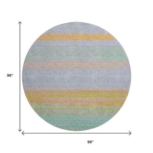 8' X 8' Lavender Orange And Teal Striped Washable Round Rug With UV Protection